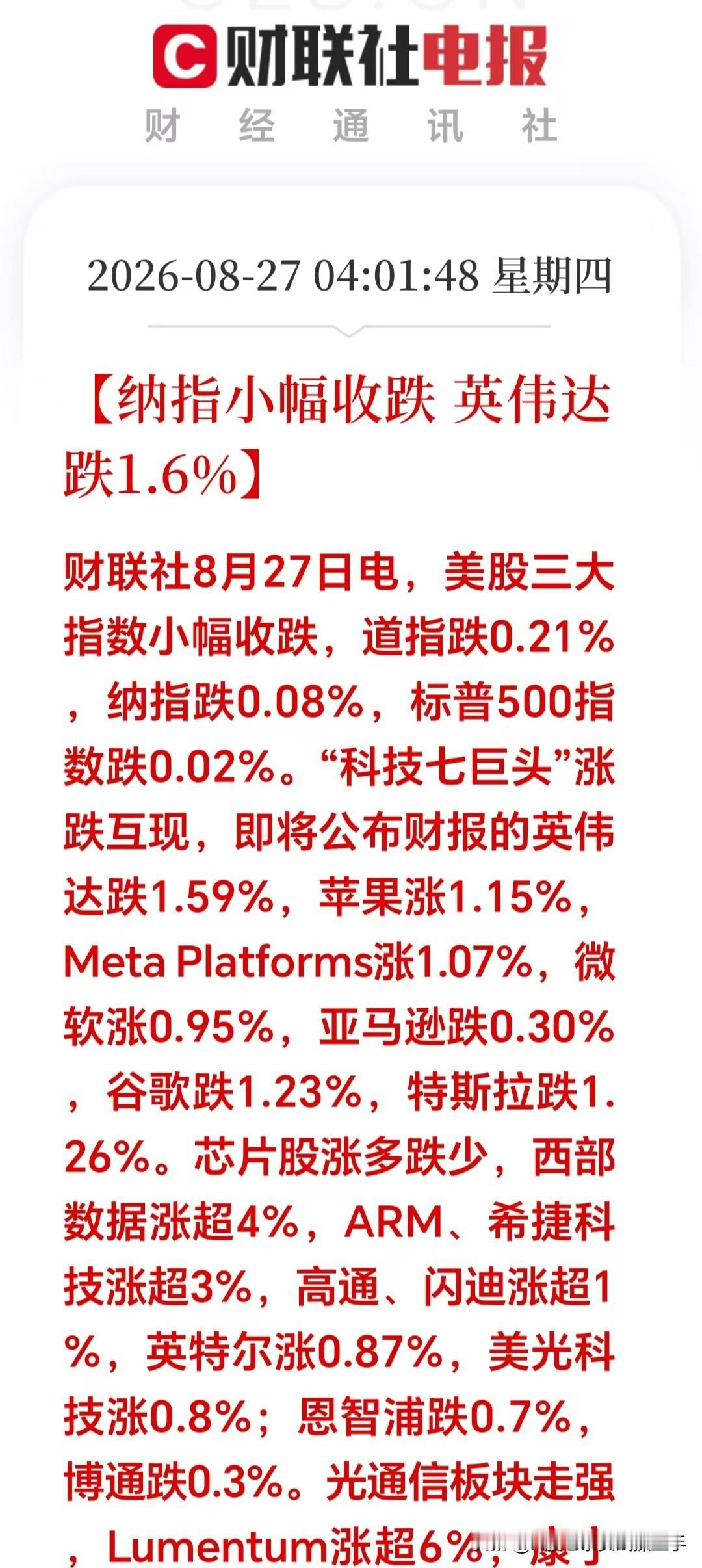 一觉醒来，美股三大指数微跌，指数几乎横着走，但板块之间大资金调仓换股十分明显。