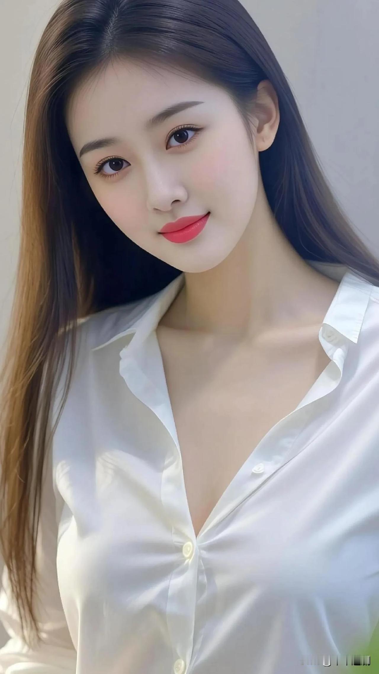 白缎衬衫漾着柔润光泽，宽松版型衬着清甜红唇。暖光落进衣料纹理，浅笑间，把松弛的性