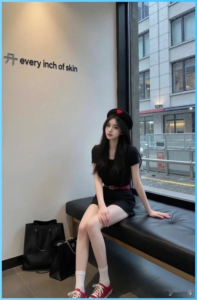 都市少女风，简约时尚穿搭，黑裙配红鞋，时尚又优雅。