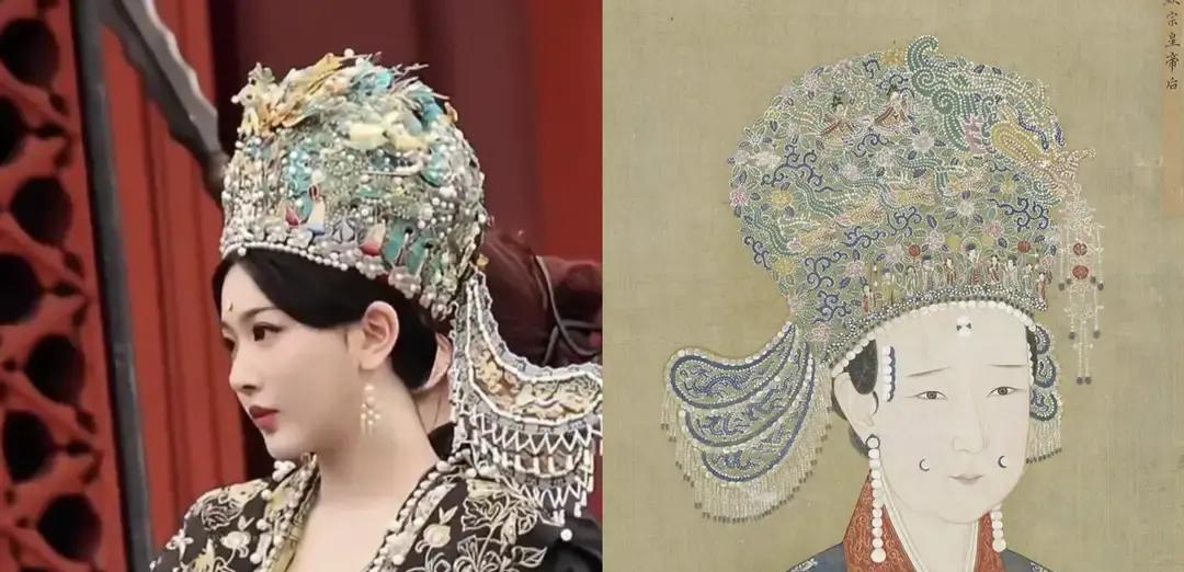日本网友把《清平乐》皇后剧照和故宫古画叠在一起，发现五官和凤冠轮廓完全重合。这