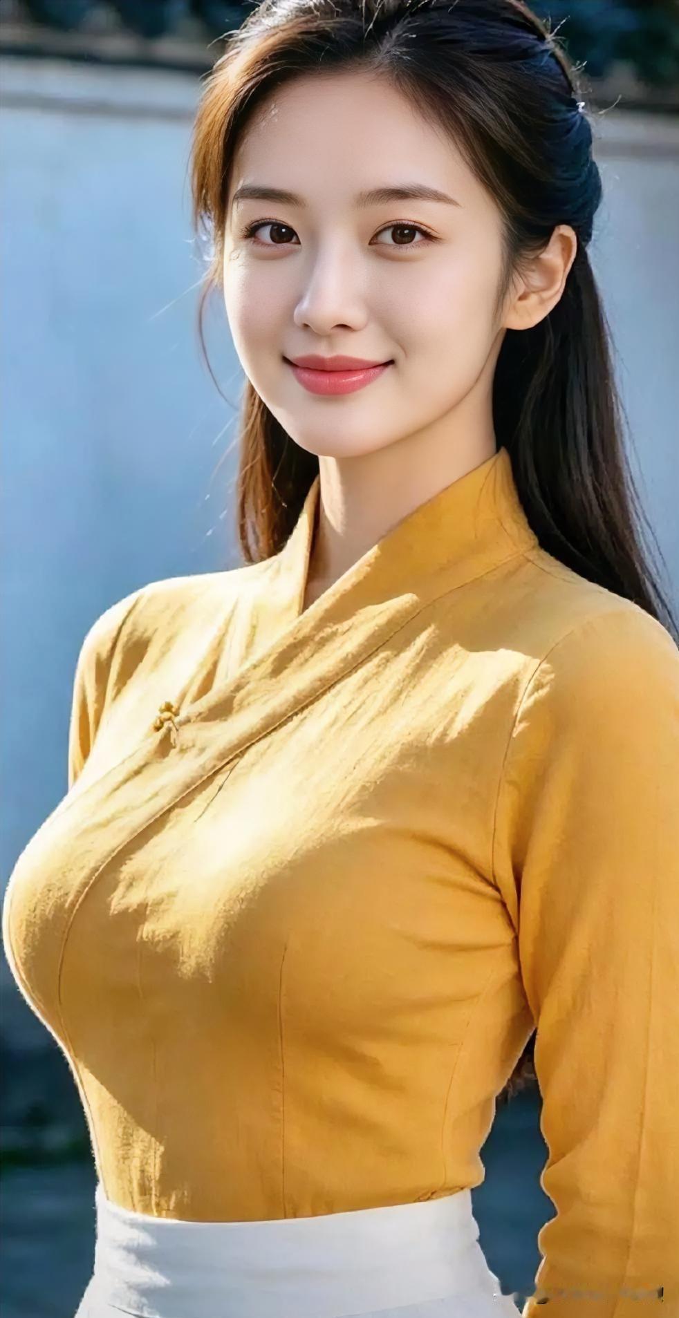 暖阳倾洒，明黄衣袂晕染初夏的温柔。青丝如瀑，眼眸清澈，唇角那一抹浅笑，恰似微风拂