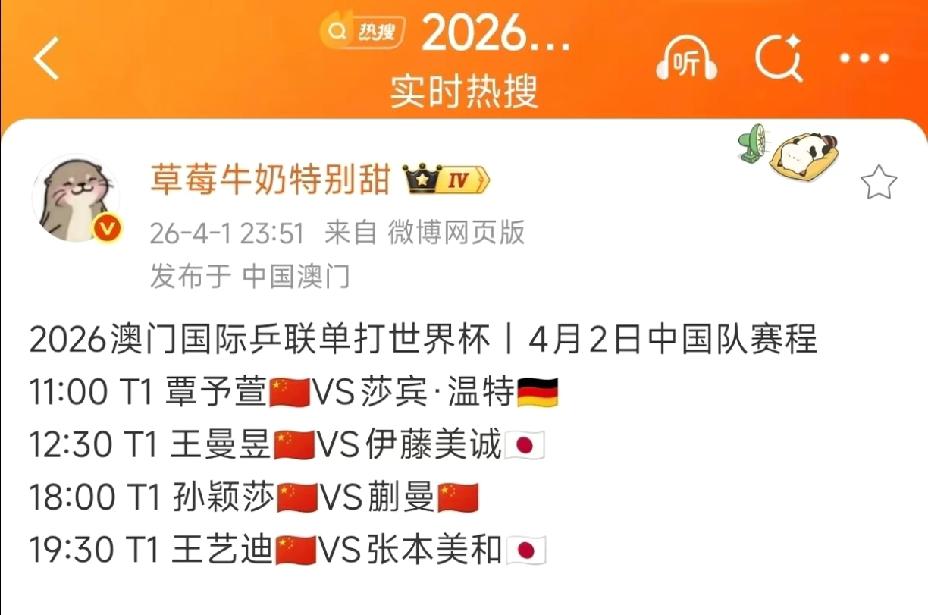 澳门世界杯4月2、3日赛程出炉4月2日孙颖莎、蒯曼内战一触即发4月3日王