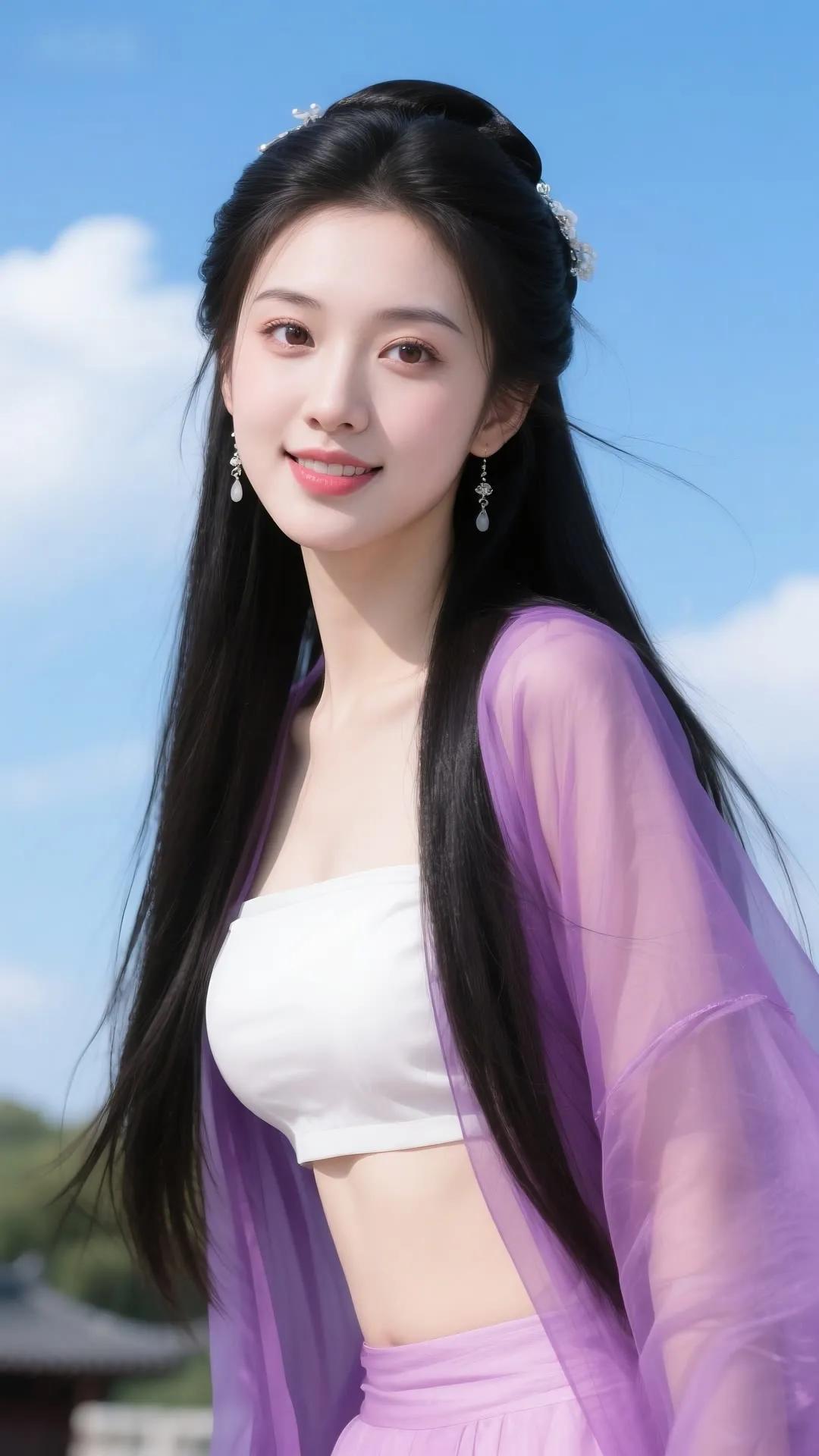 古风少女，云海之巅，轻纱飘逸，笑靥如花。