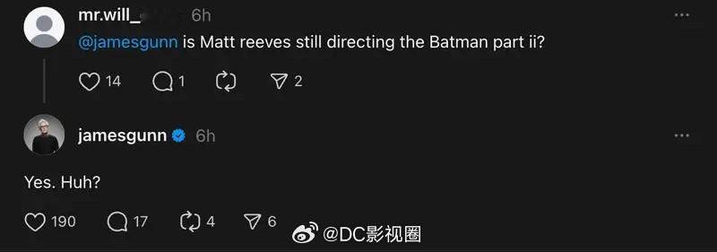【詹姆斯·古恩确认《新蝙蝠侠2》仍由马特·里夫斯执导】近日，DC影业CEO詹姆斯