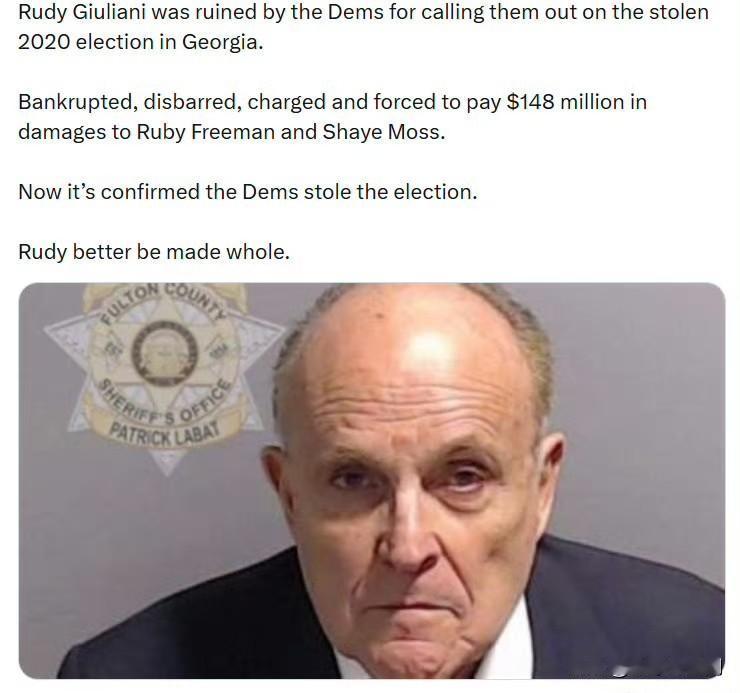 鲁迪·朱利安尼因为揭露民左党在乔治亚州盗取2020年大选而被民左党毁了。他破