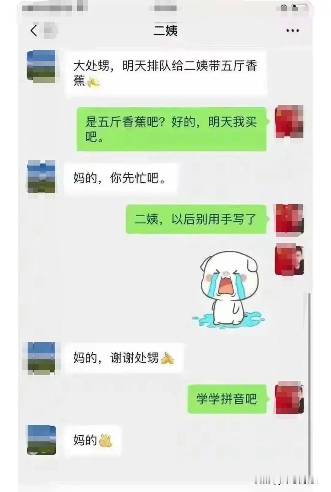 笑死人了！二姨微信联系外甥帮带香蕉：二姨：大处甥，明天排队给二姨带五厅香蕉。