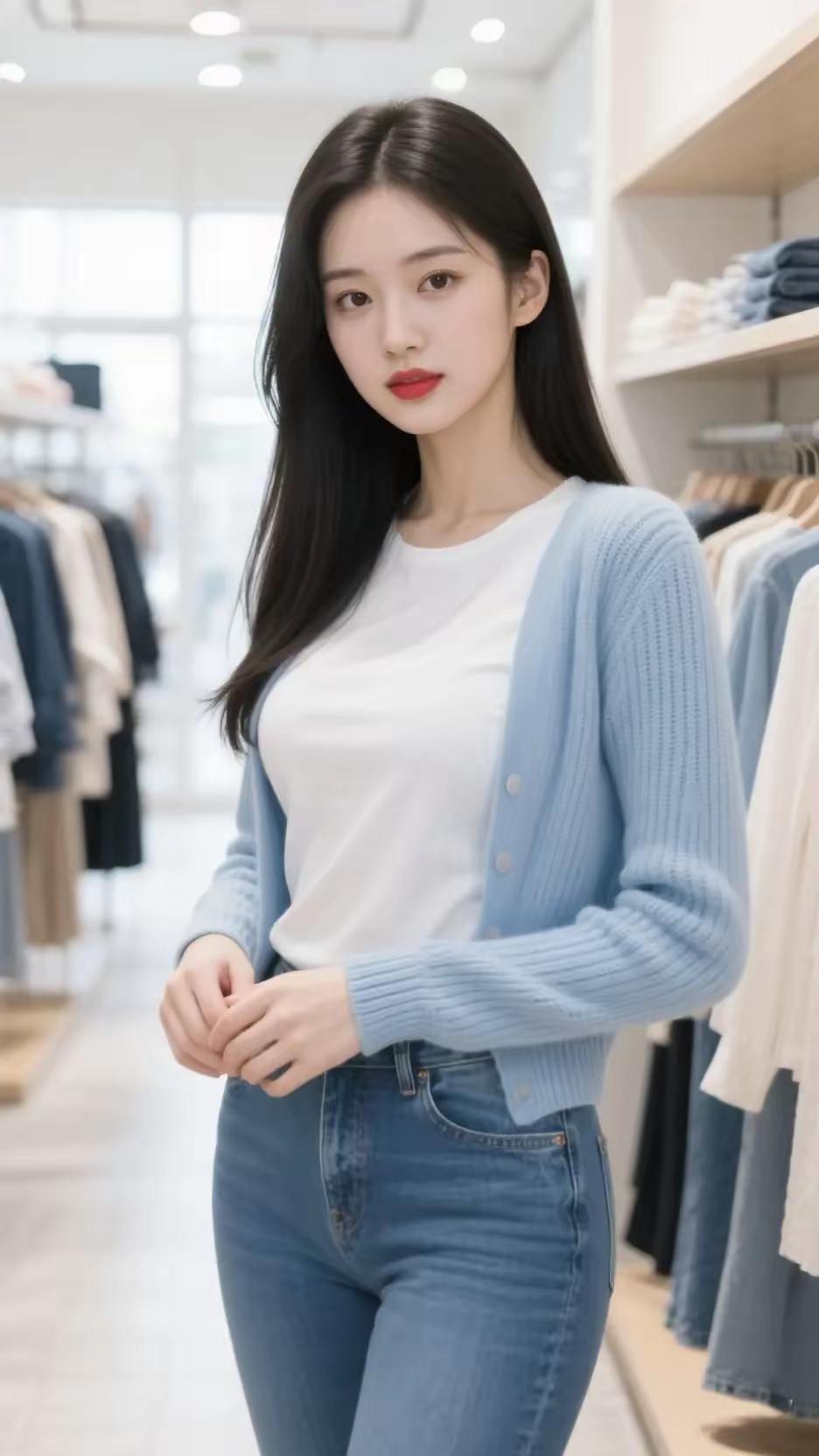 简约穿搭指南：白色T恤+蓝色针织开衫+牛仔裤，清新自然！