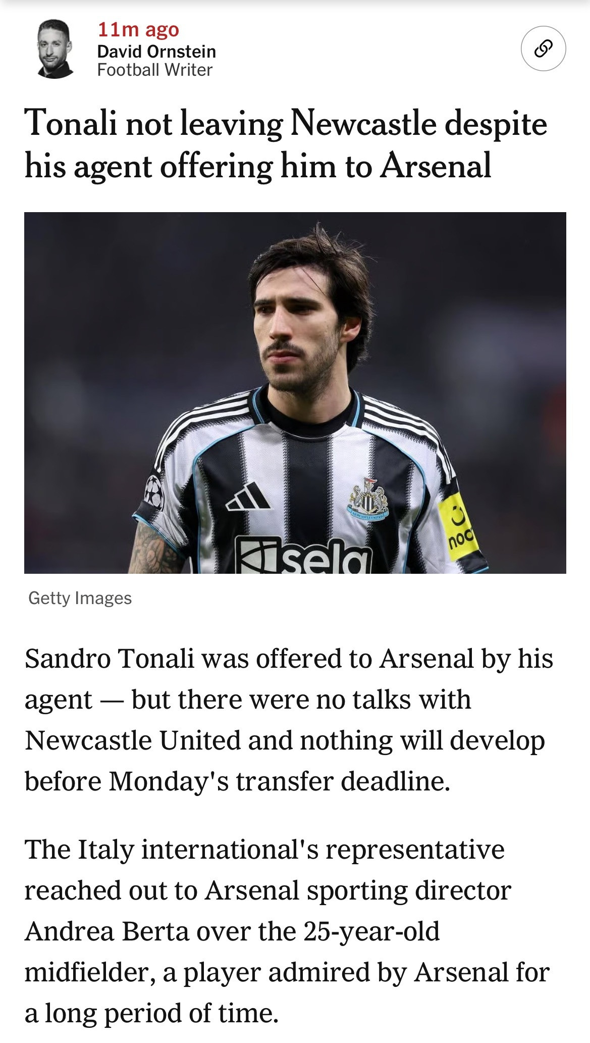 DavidOrnstein：托纳利的经纪人曾将其推荐给阿森纳——但阿森纳与纽卡