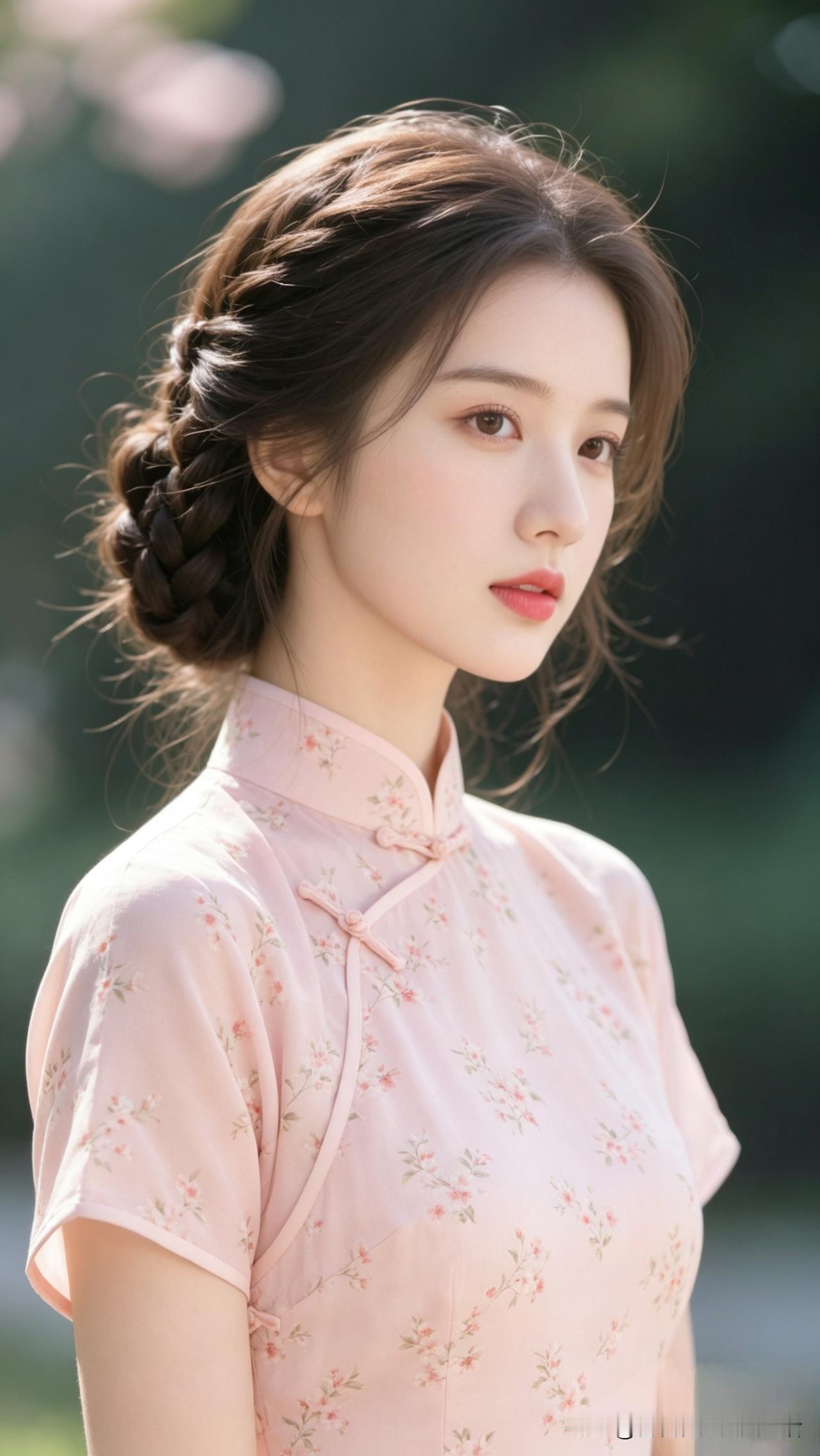 温柔古典的少女，粉色旗袍，优雅气质，仿佛从画中走出的美人。