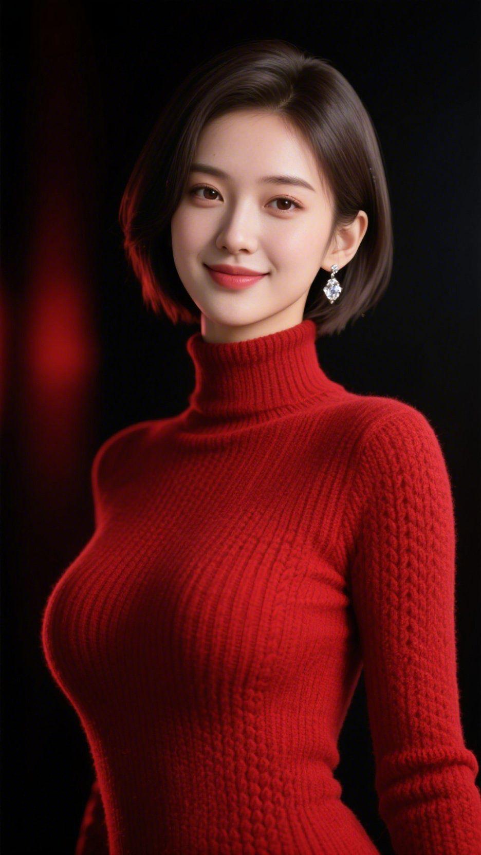 赤绒光暗幕里浸着一抹红，是绒衫裹住的温软。深红针脚织着蓬松的暖，像把