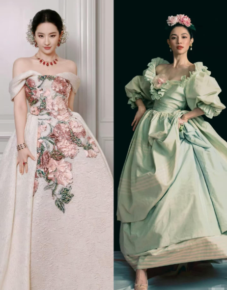 果然是不能和漂亮的人放一堆比，同样都是礼服裙和簪花造型，刘亦菲的妆造及近完美，貌