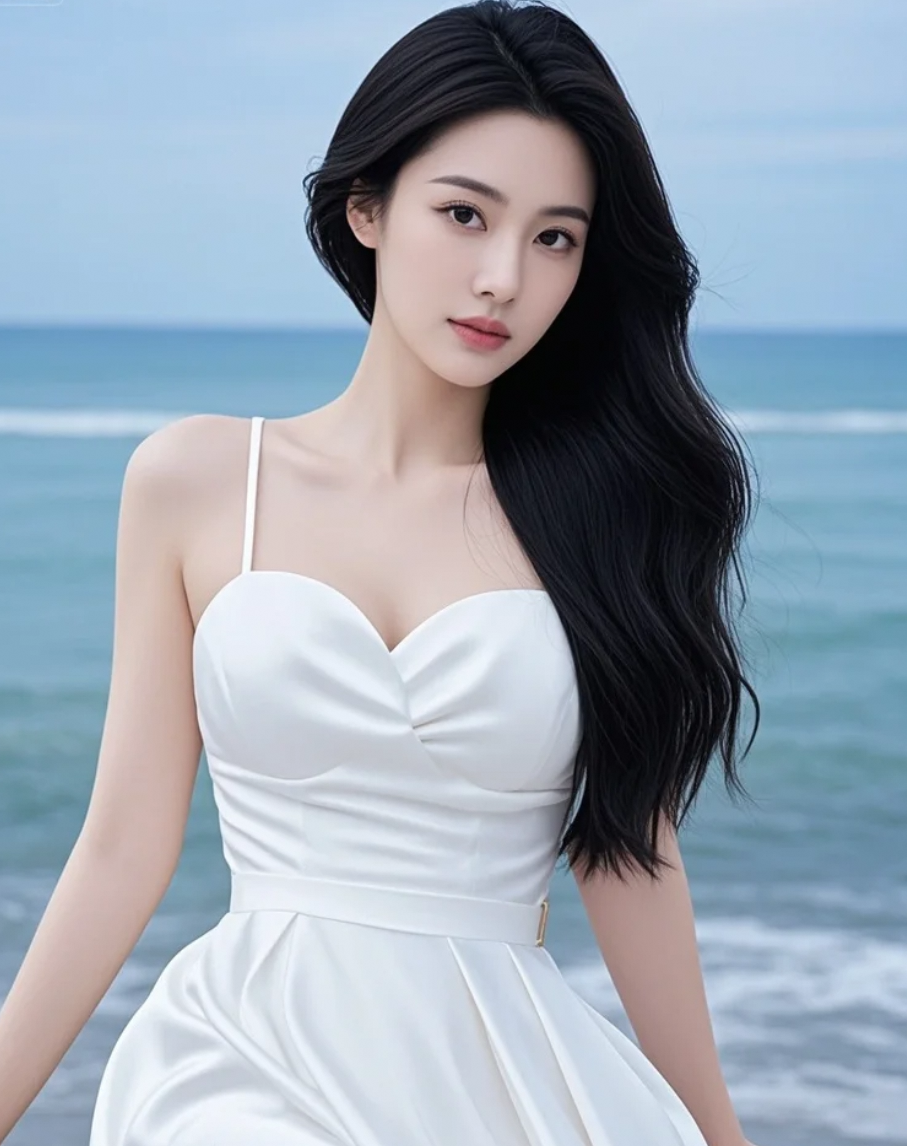 她站在海边，白裙如浪花般纯净