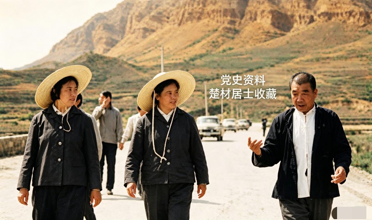 上世纪七十年代、山西大寨，陈永贵为到访的吴桂贤、李素文讲解大寨的建设历程。陈