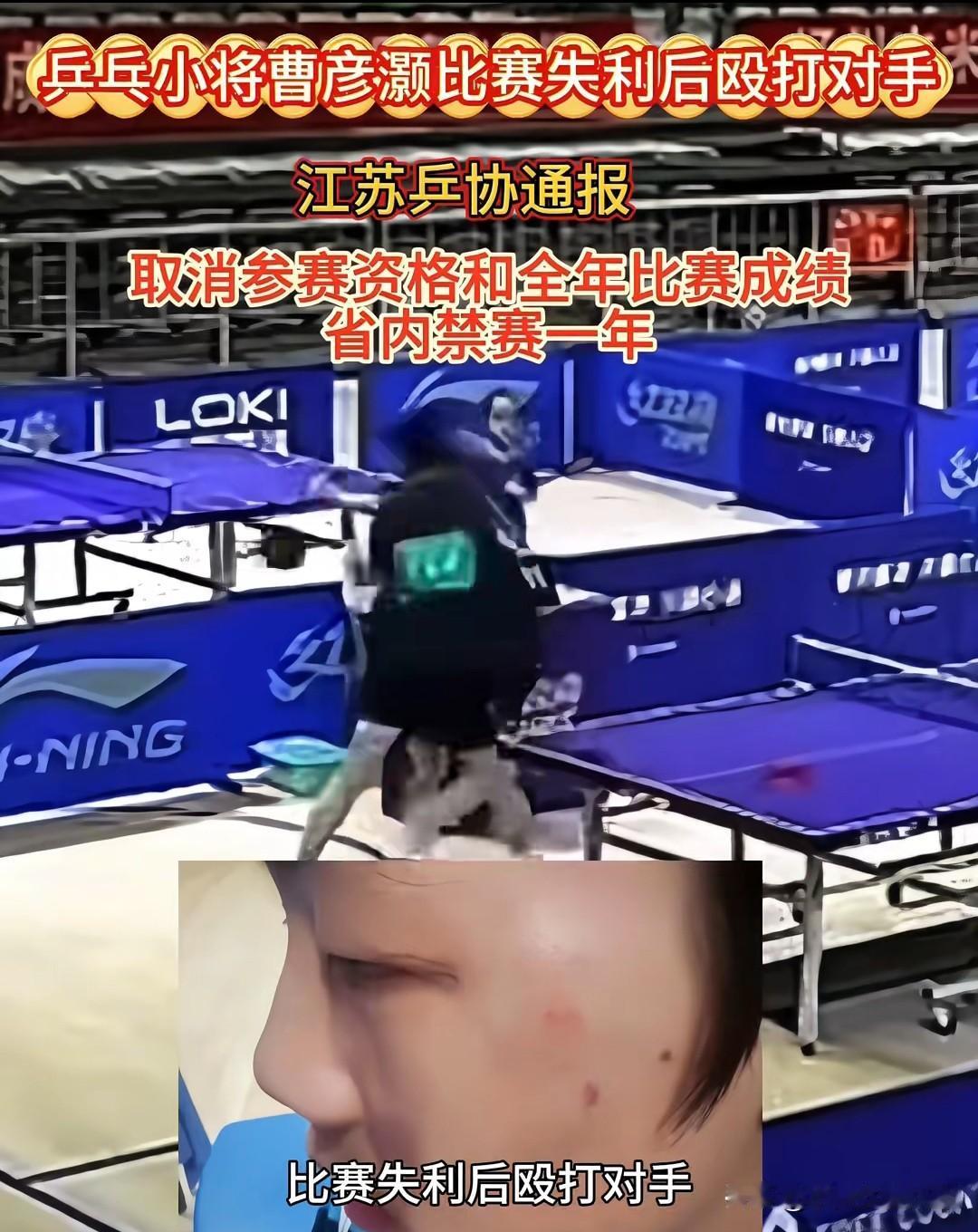 我表弟是专业乒乓球运动员。我问他，曹彦灏只是省内禁赛一年，这个惩罚算不上很重吧