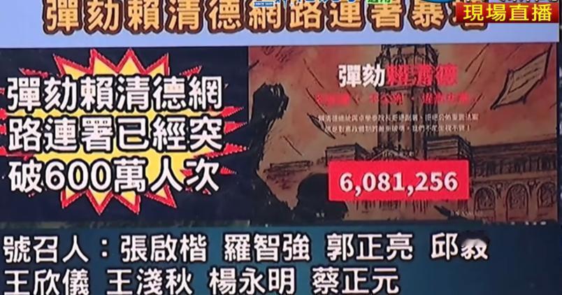 一夕之间，岛内蓝白网络联署弹劾赖清德的人次已经超过600万了，挺好的。根据蔡