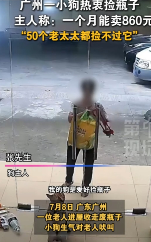 “万物皆有灵！”7月8日，广东广州，一位老人进屋收拾废瓶子，一旁的小狗却非常的生