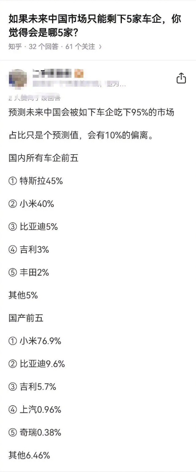 如果未来中国市场只能剩下5家车企，你觉得会是哪5家？
