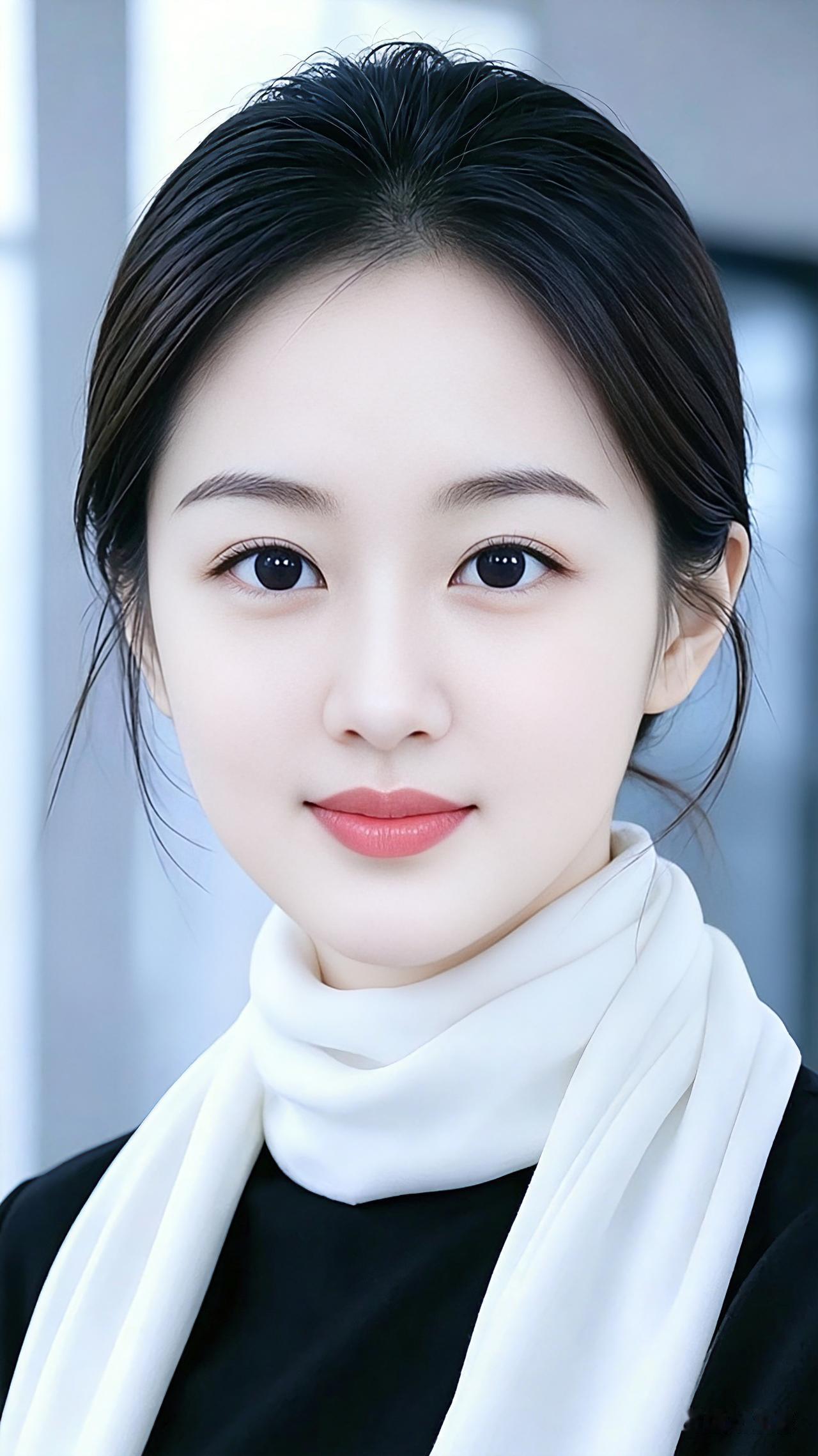 这是一位打扮得非常整洁的女士黑发轻扬眉眼清，素巾围颈显文静。淡淡笑容藏温柔，