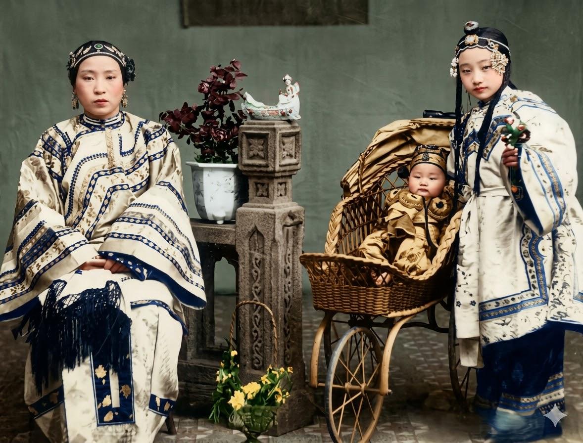 这是一张晚清富家宅院的全家福式肖像照，左侧端坐者应为家中正室夫人，右侧站立者是侍