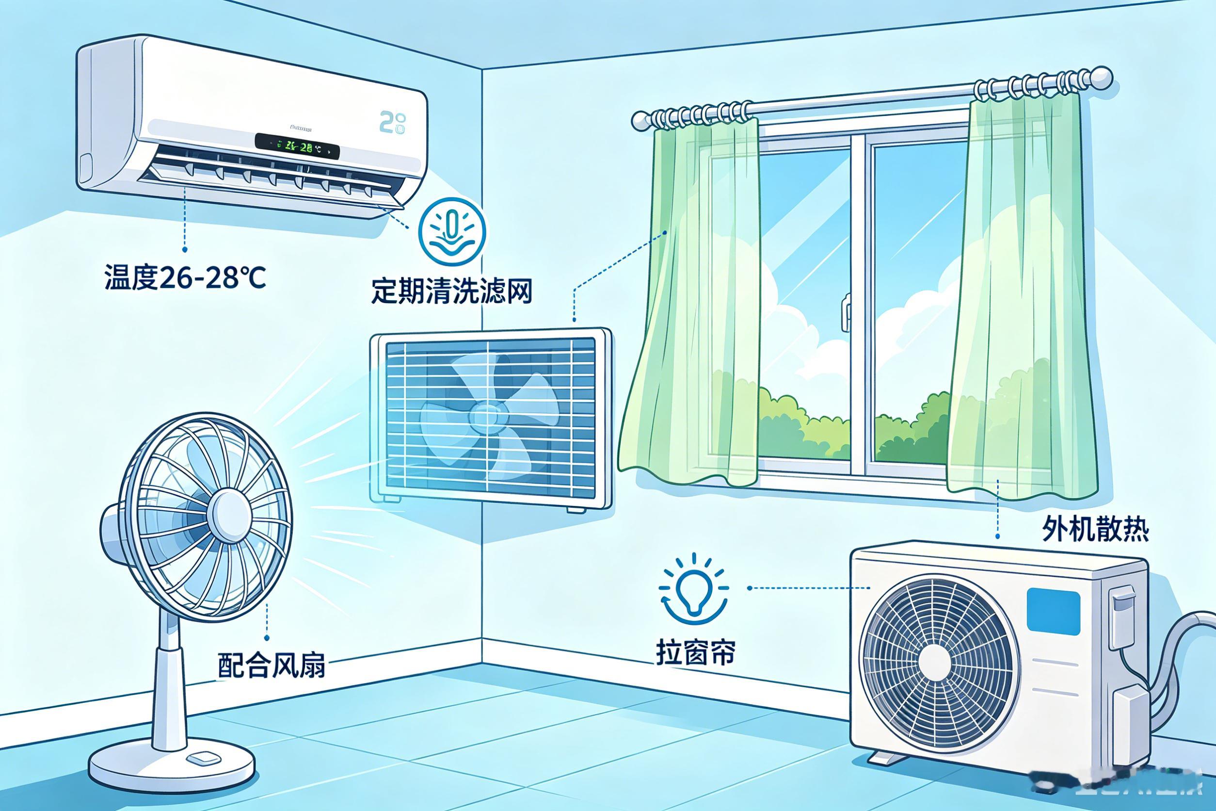 空调怎么用最省电⭐️夏季空调最省电核心是“少制冷、多辅助”。温度设26-2