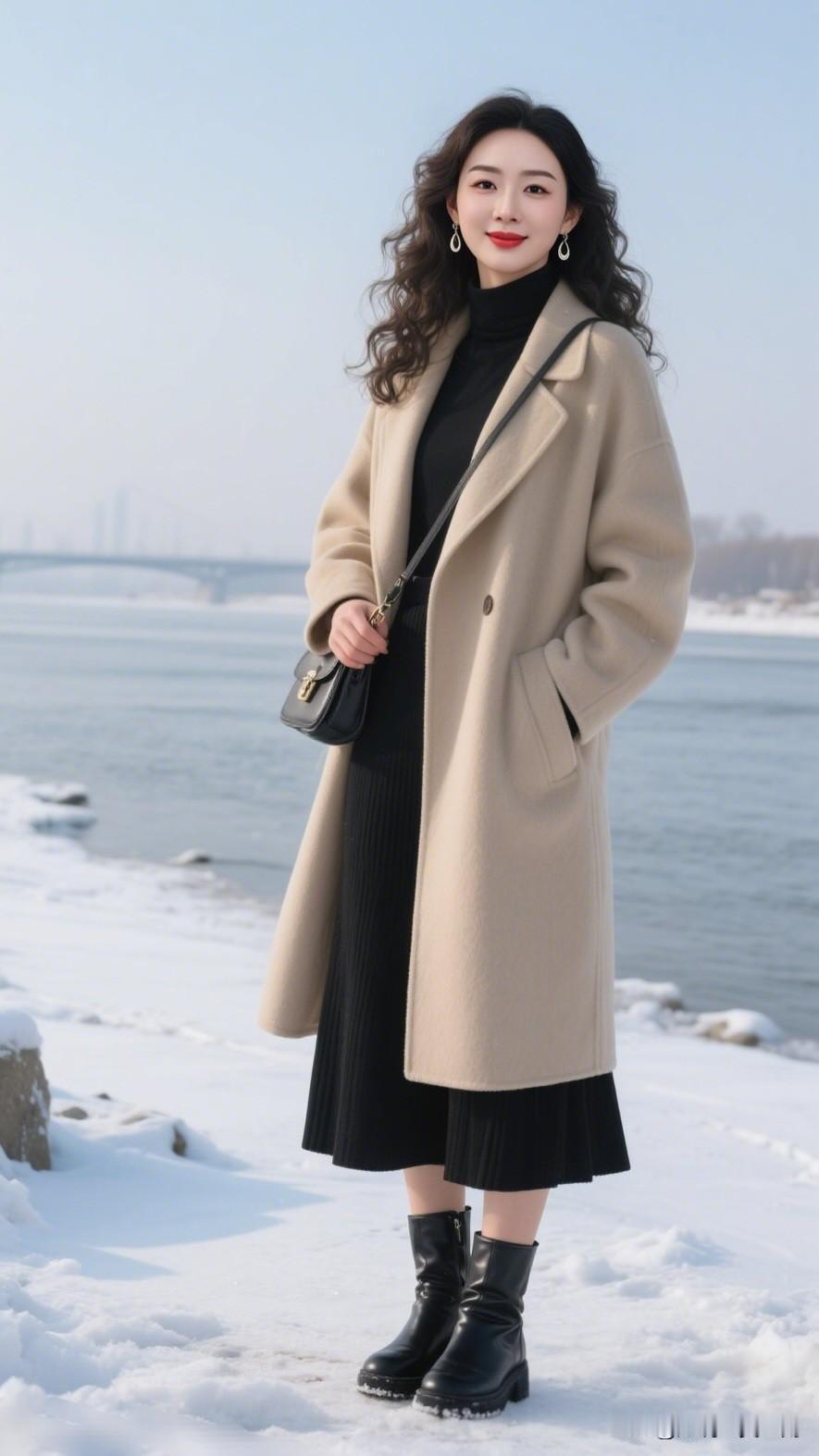 雪中独立，风华绝代。分享生活随手拍冬日穿搭指南：米色大衣+黑色连衣裙，温暖又时