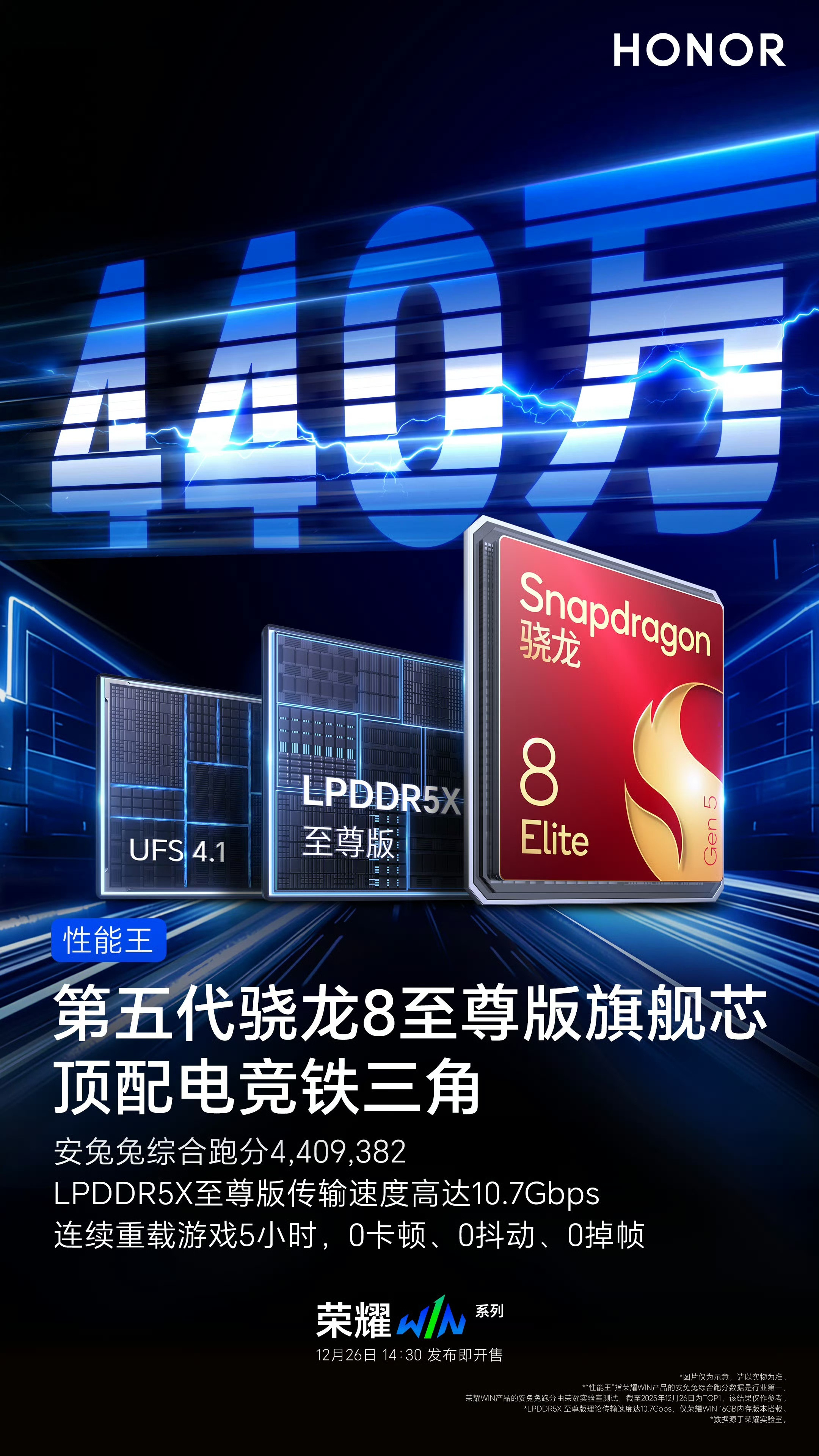 荣耀WIN使用第五代骁龙8至尊版处理器、LPDDR5X至尊版、UFS4.1铁三