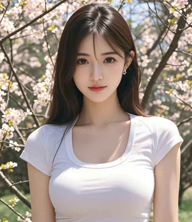 她站在樱花树下微笑，连风都变得轻柔