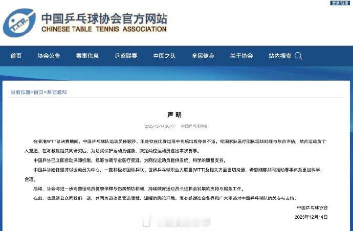 中国乒协已启动保障机制在香港WTT总决赛期间，中国乒乓球队运动员孙颖莎、王楚钦