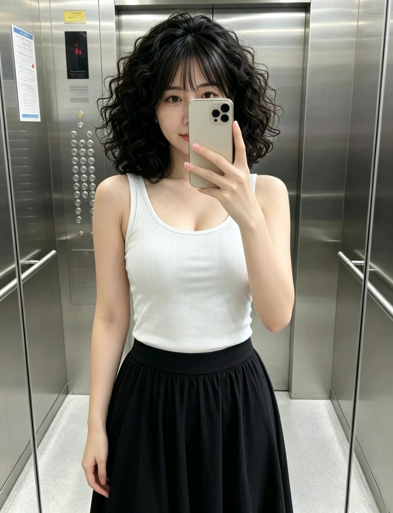 电梯间的方寸天地你轻轻举起手机蓬松的小卷发里藏着松弛又明媚的底气白背心配