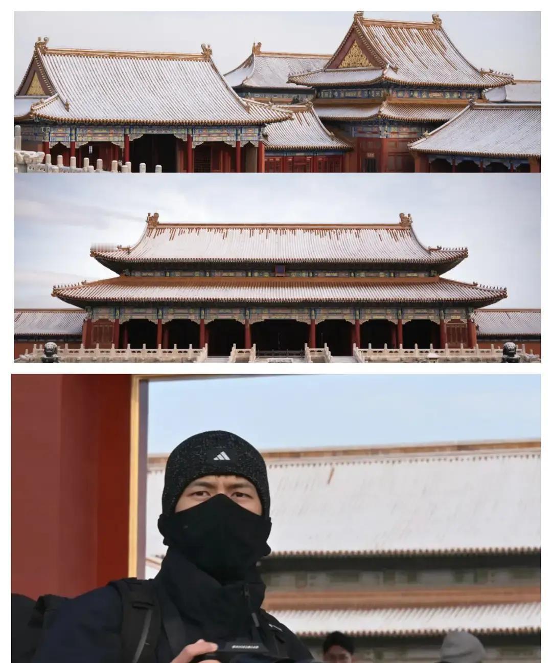 李现跑去故宫拍雪景。猫着腰调参数，看起来挺专业。结果旁边游客一眼就认