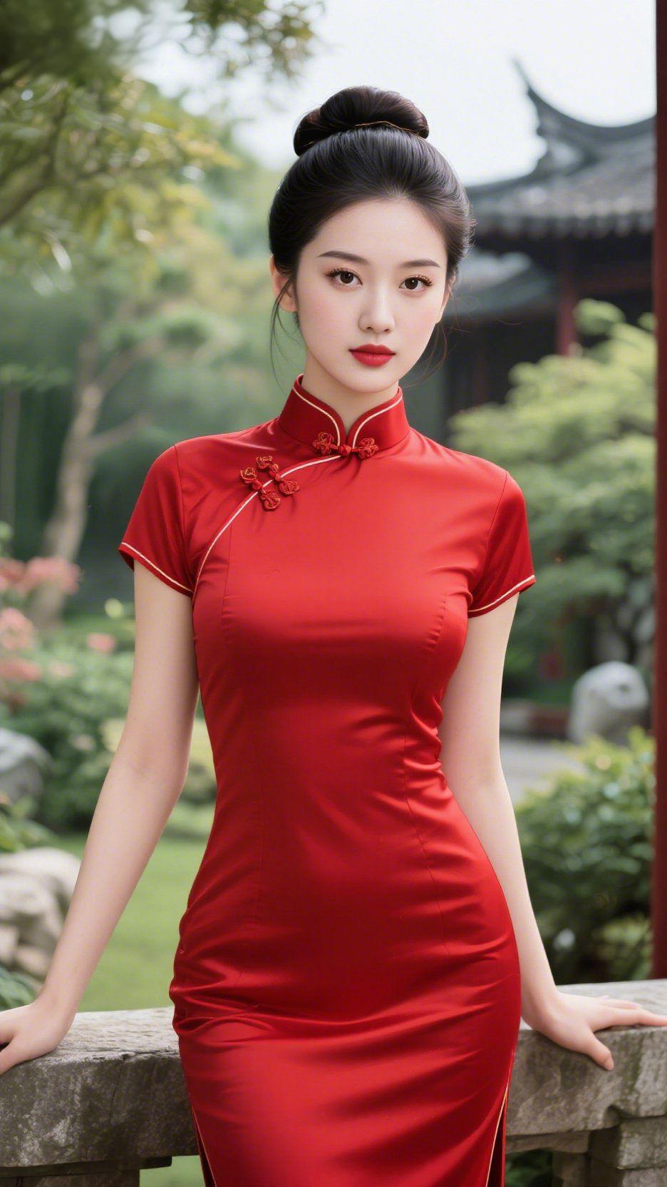 红衫伴春黛瓦隐在轻雾里，她倚着石栏，正红的旗袍衬得身姿端方。缎面泛着柔润的