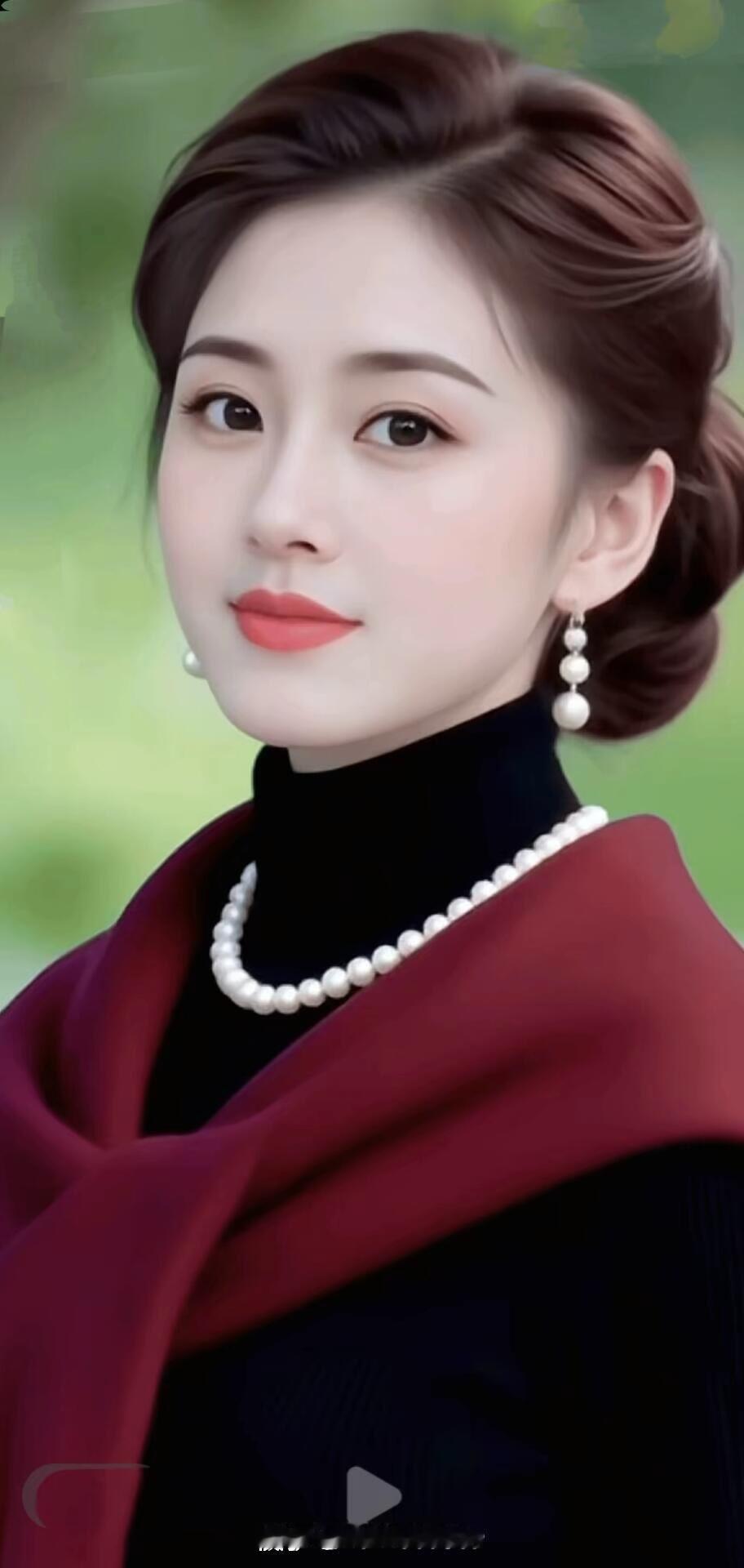 优雅气质，珍珠项链与红披肩的完美搭配，尽显女性魅力！💄👗✨