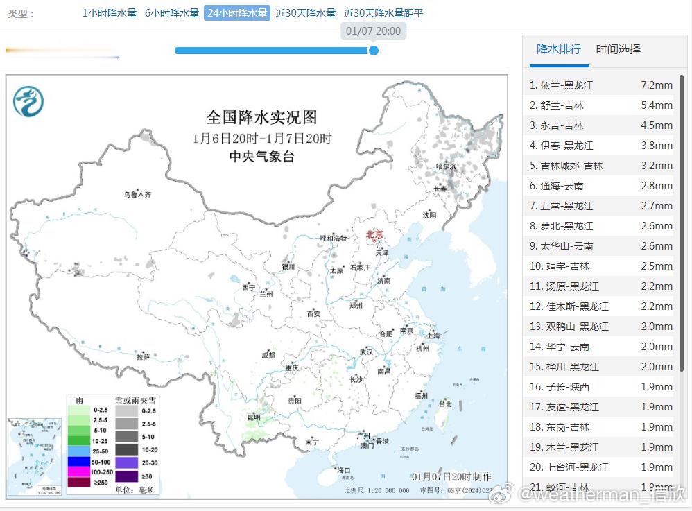 【降水】昨晚到今天，我国的降雨主要在云南，降雪主要在黑龙江、吉林。黑龙江依兰和吉