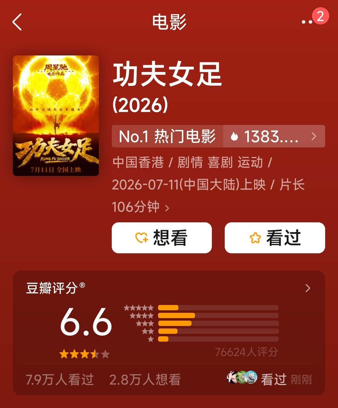 周星驰功夫女足豆瓣开分90🌸二番电影豆瓣评分一览——金城武，周冬雨《喜欢你》