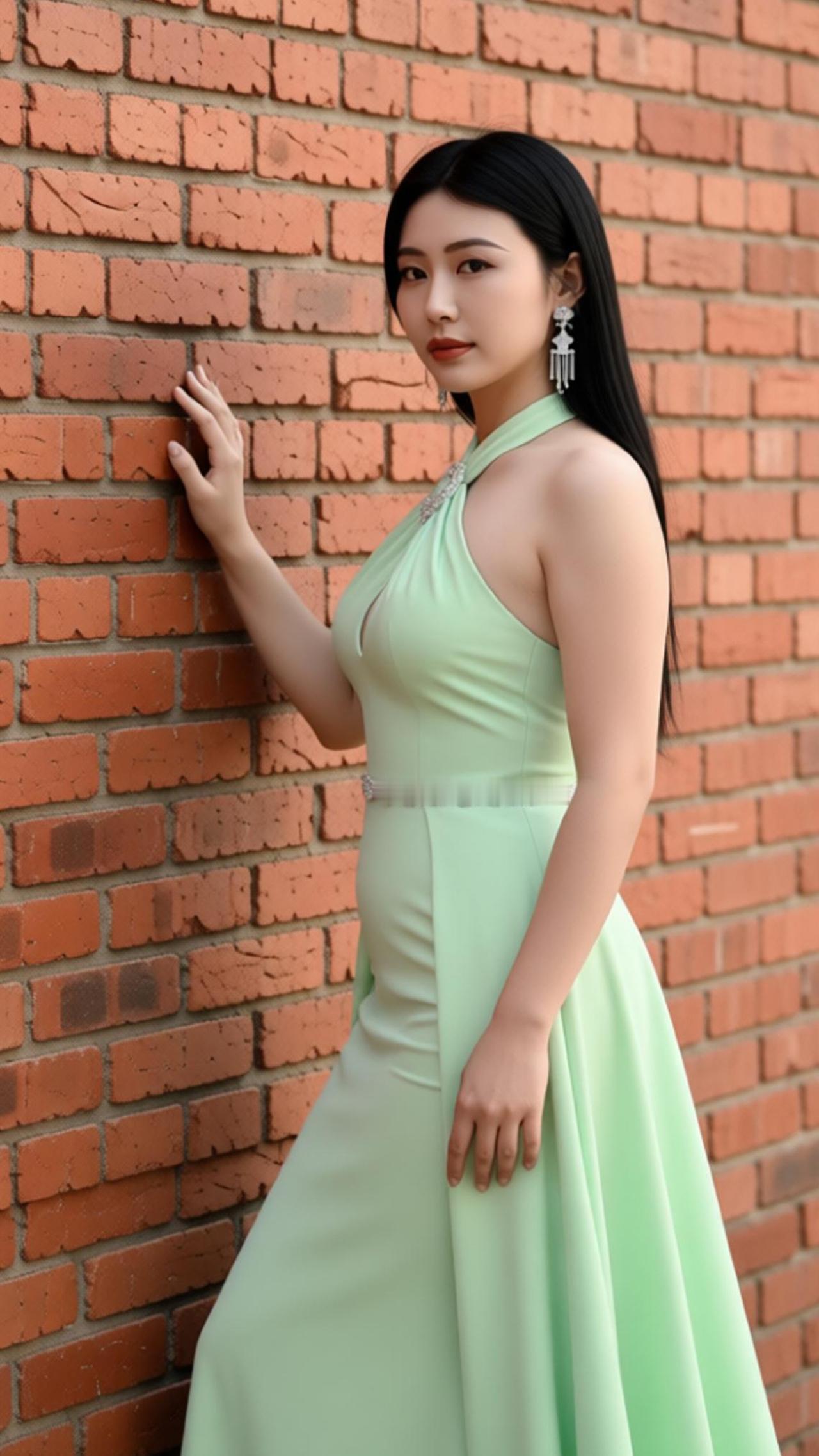 好美的小姐姐，暖红砖墙为背景，苏念念轻靠墙畔，眉眼含着春日般的柔意，将优雅与清新