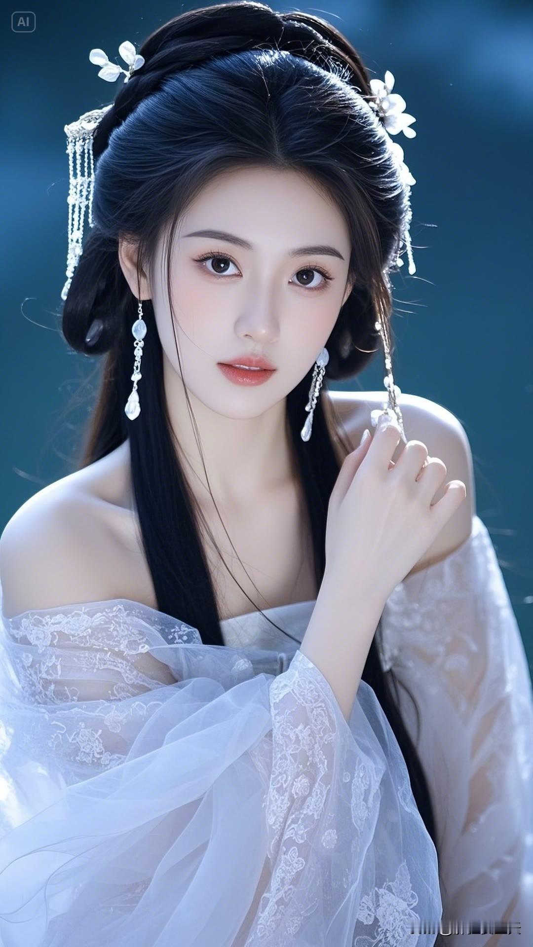 青丝如瀑，银饰流光，一袭白纱在夜色里自带柔光滤镜，耳间垂坠的流苏随微风轻晃，仿佛