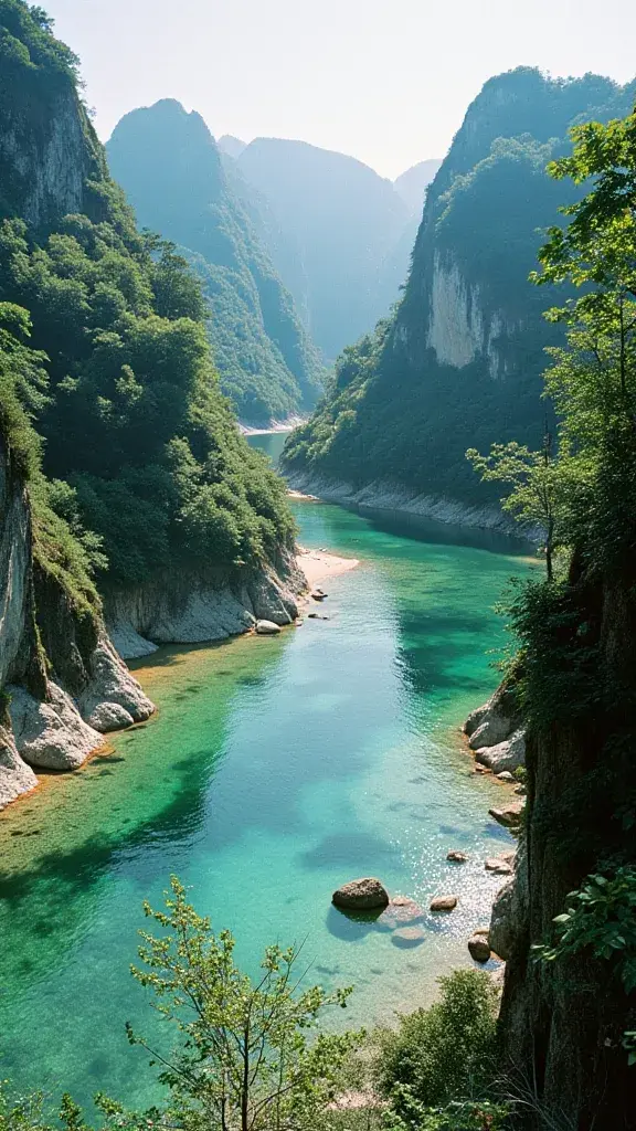 山间仙境: 阳光下粼粼波光的静谧湖景