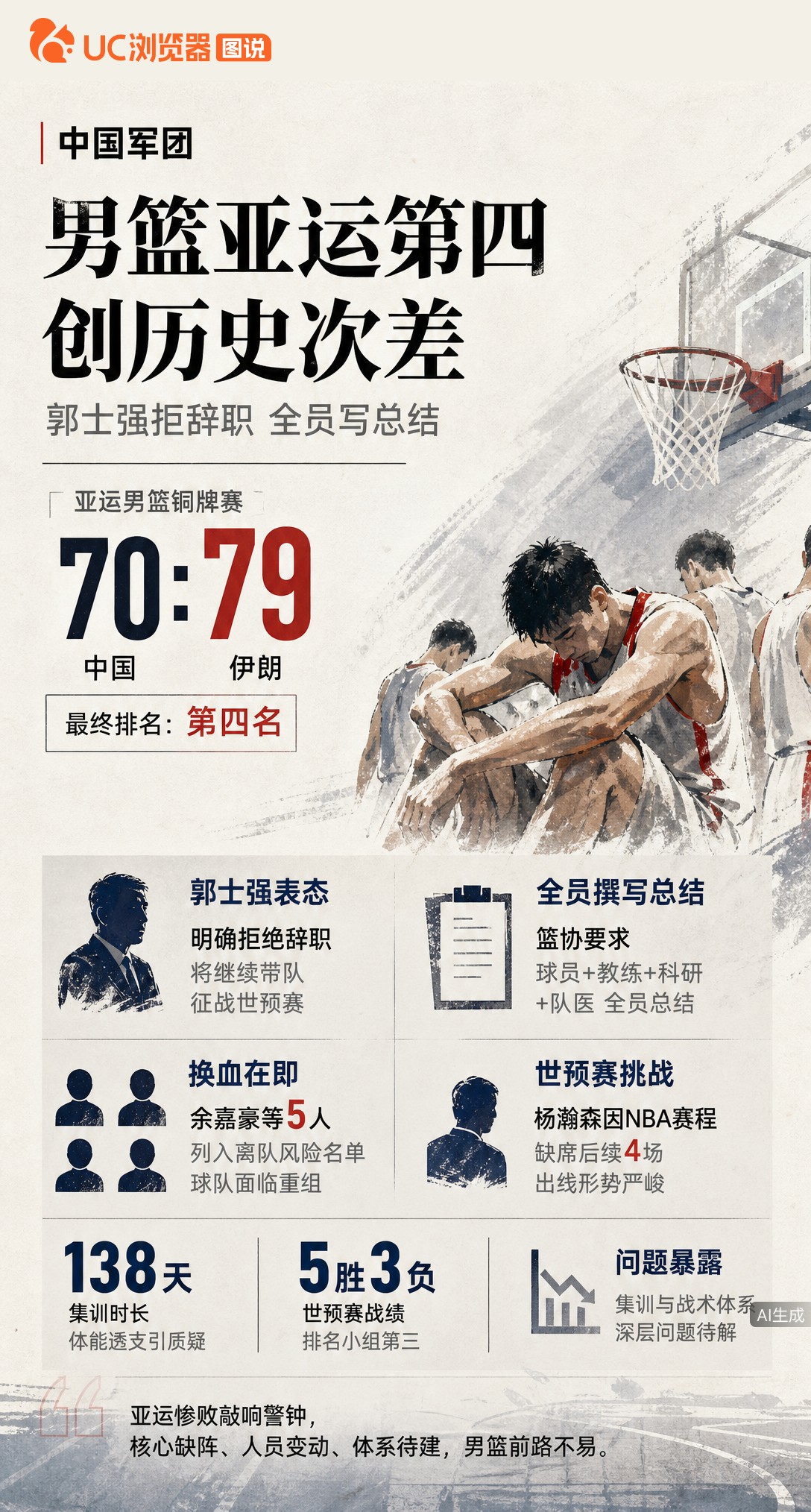 男篮亚运第四创队史第二差，郭士强拒辞职继续带队。全员被要求写总结，5人列入离队风险名单，杨瀚森因NB