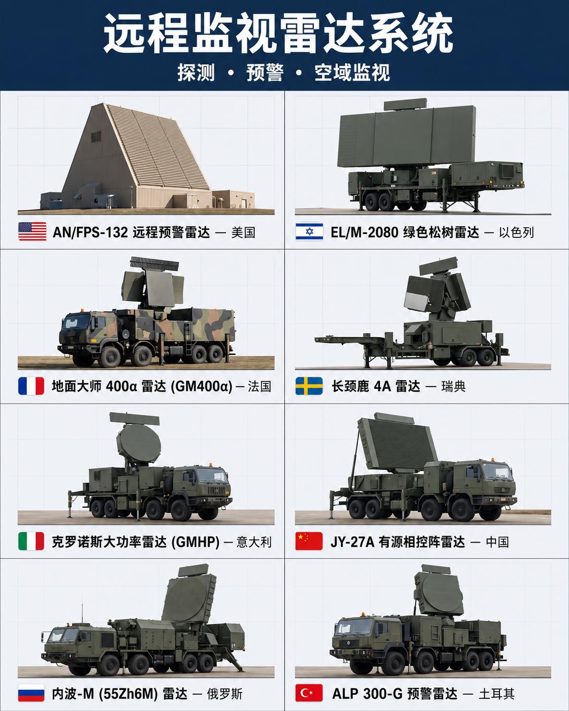 一张图集齐美、以、法、瑞典、意、中、俄、土耳其八款现役主力远程空情监视雷达，一眼