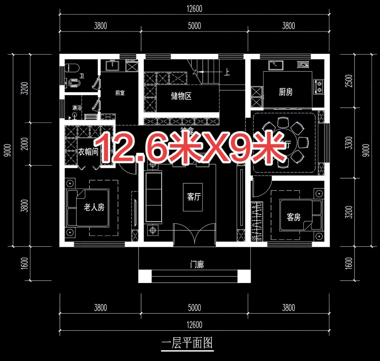 乡村自建房户型布局，12.6米X9米。户型设计自建房自建房设计布局别墅自建房