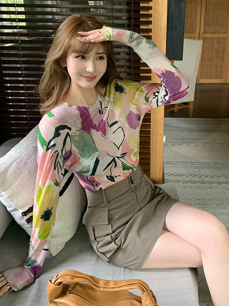 显瘦上衣独特超好看印花长袖防晒T女恤夏