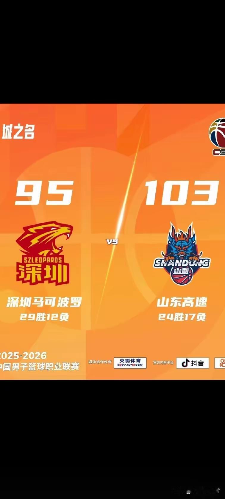 高诗岩贺希宁缺阵，山东高速客场103：95战胜深圳男篮，终结深圳15连胜！同样