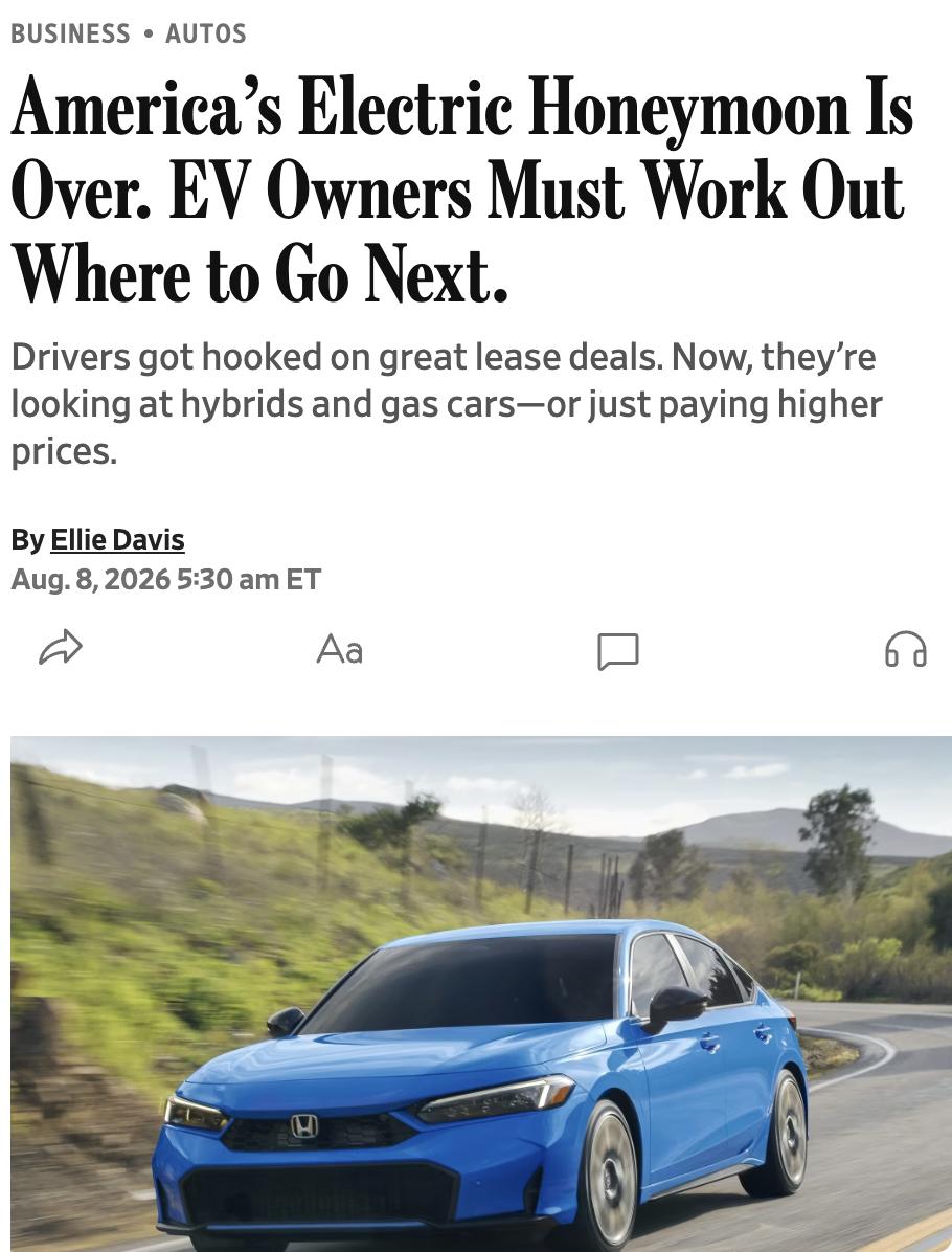 美媒：美国电动汽车的"蜜月期"已经结束。此前，消费者被极具吸引力的租赁优惠所