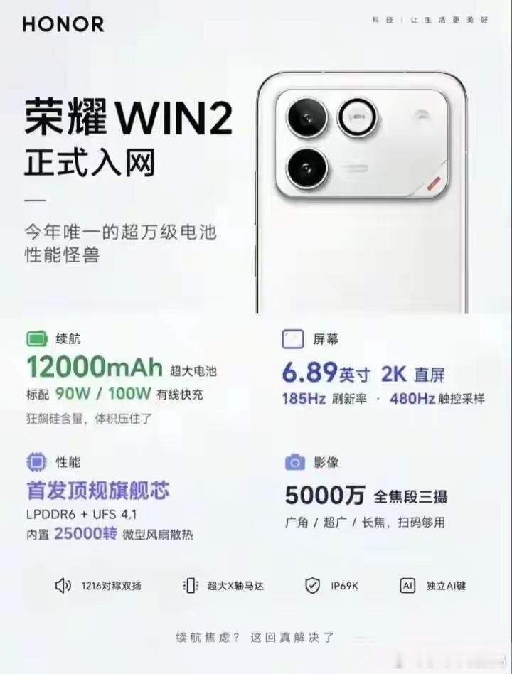 荣耀WIN2正式入网，直接把手机物理规则按在地上摩擦。12000mAh青海湖电池