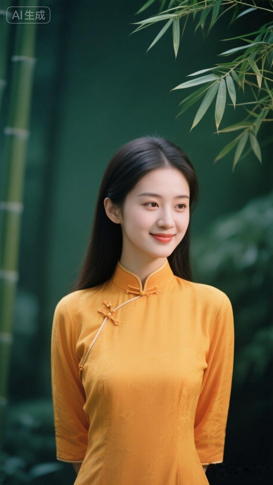 清新脱俗的古典美女，身着橙黄色旗袍，背景绿意盎然。