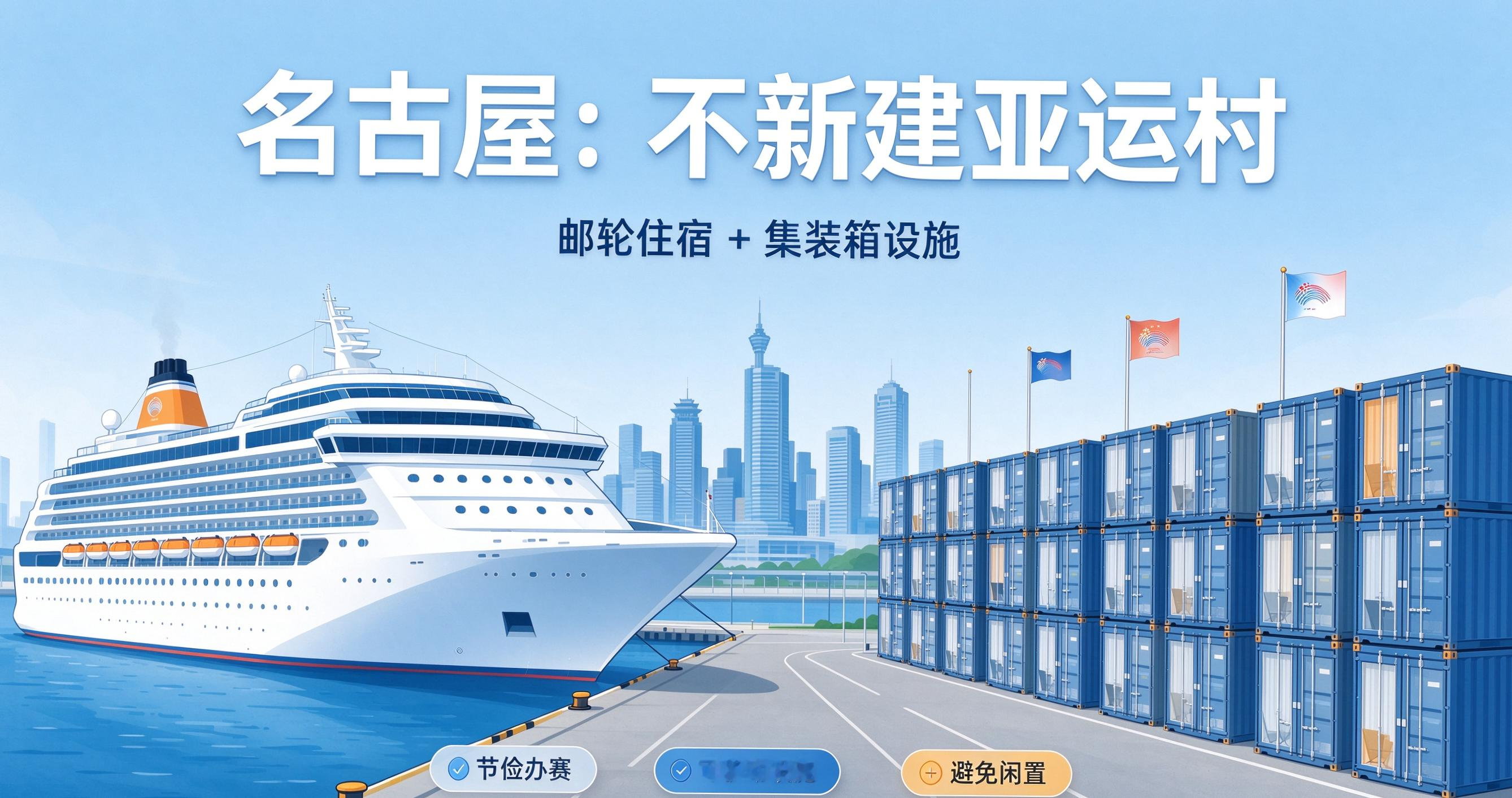 好处：节省巨额基建投入，避免赛后大型建筑闲置浪费；集装箱、邮轮属于可移动设施，赛后可回收，兼顾环保。