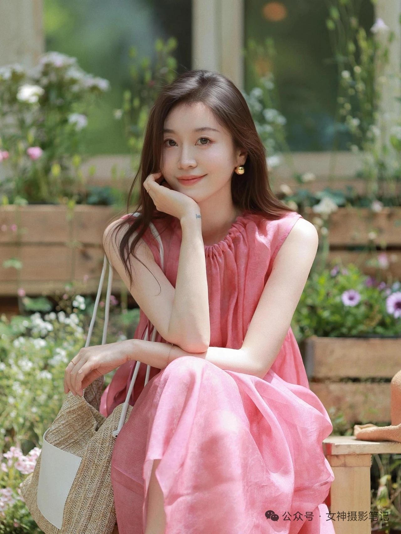 温柔粉裙少女，花园中的甜美时光🌸💕