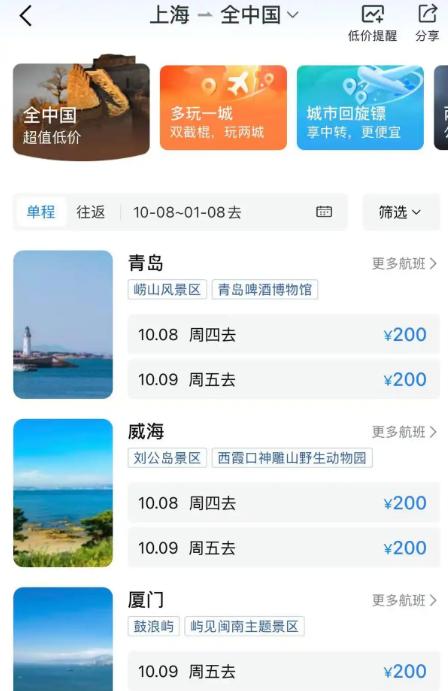 节后机票平均支付价，比国庆期间低了超过三成。飞杭州、深圳、上海、南京这些热门