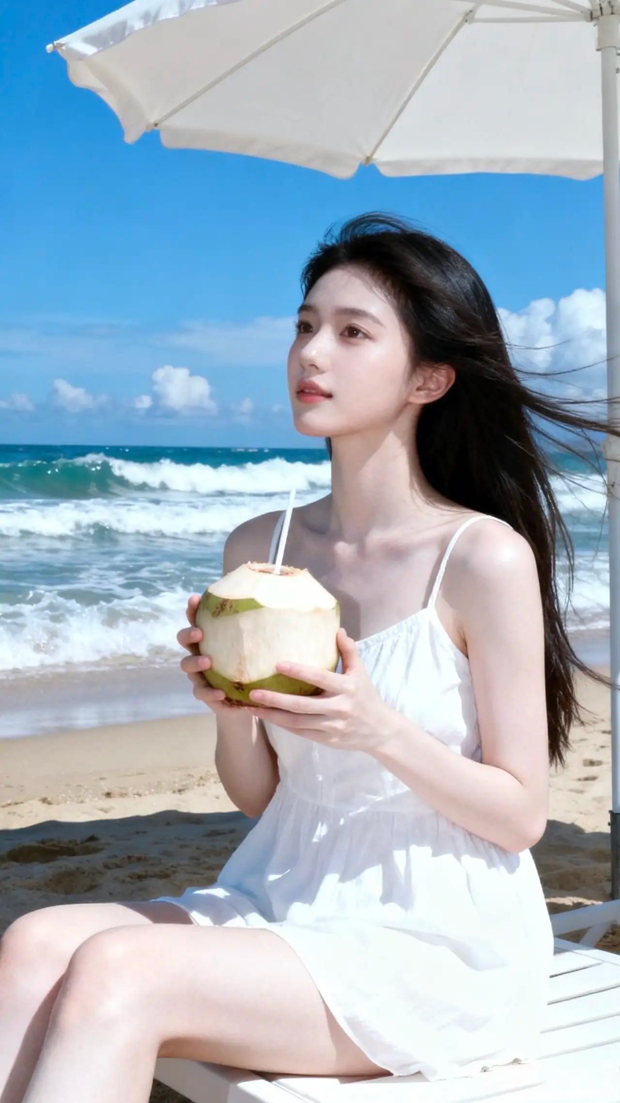 你在宁静的海边，安逸的享受着椰子水带来的美好时光。而出类拔萃的你，却是我眼中唯一