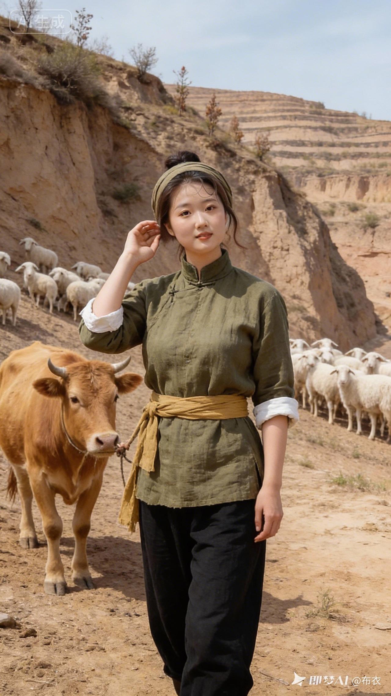 在黄土高原上，牧羊女与牛羊相伴，感受自然之美。